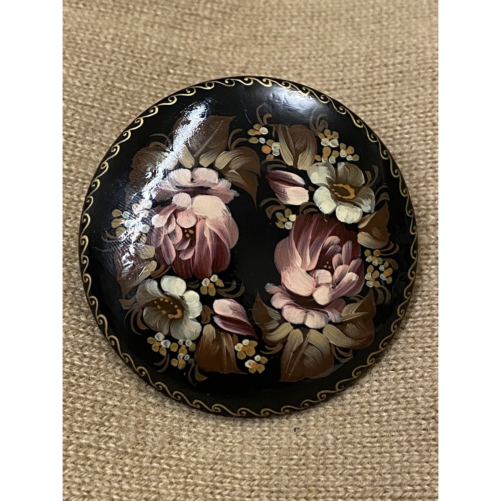 VNTG 1990's Russian Brooch Hand Painted Oil Lacquer "THE FLOWERS" Signed Round